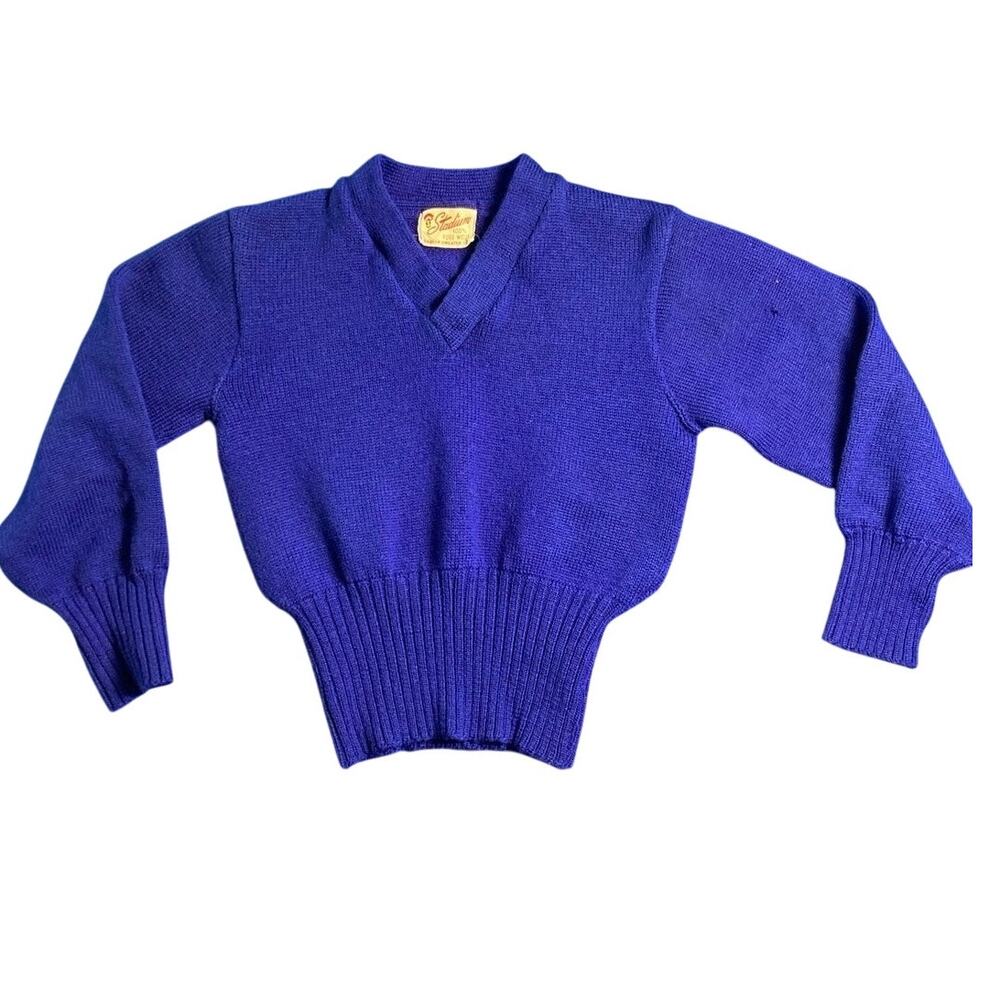 VTG Wool Varsity Style Knit Sweater 50's Blue Stadium V-Neck Long Waistband